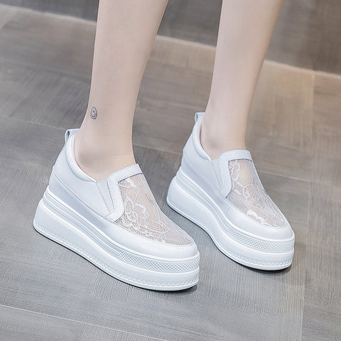 Women's Mesh Breathable White Height Increasing Casual Shoes
