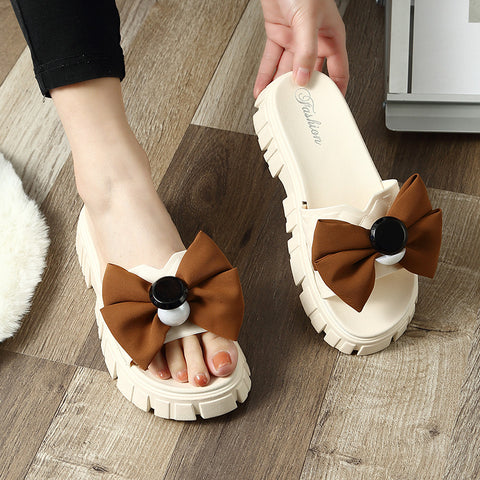 Women's Bowknot For Outer Wear Platform One-word Slippers
