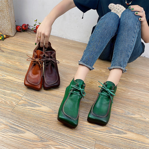Square Head Front Lace-up Solid Color Boots