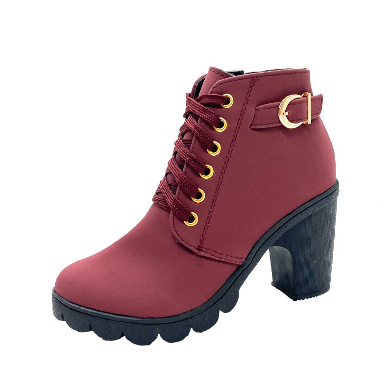 Women's Chunky Lace-up Short Matte Side Boots