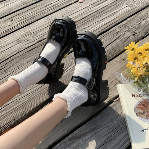 Zapatos de cuero con hebilla de tacón estilo pijo plataforma Mary Jane para mujer