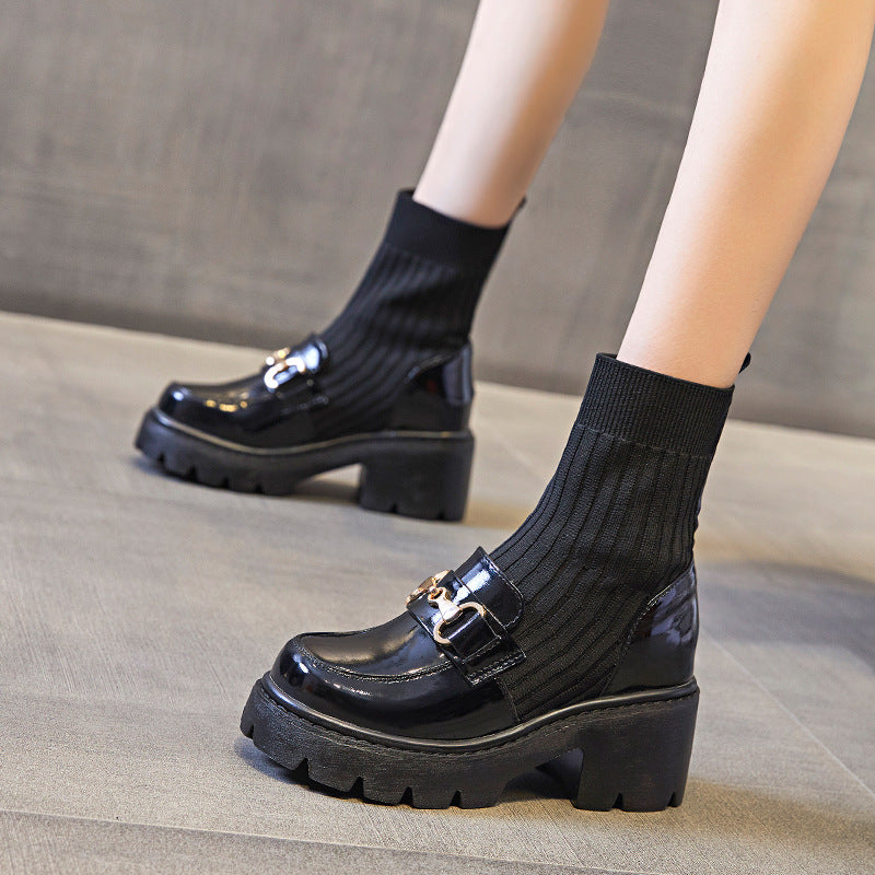 Women's 8cm Socks Height Increasing Insole Genuine Platform Boots