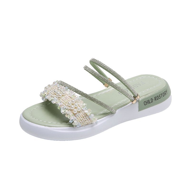 Women's Rhinestone Flat Fairy Style Summer Pearl Sandals