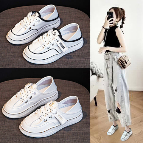 Women's White Thick-soled Two-way Step-on Board Low-cut Preppy Casual Shoes