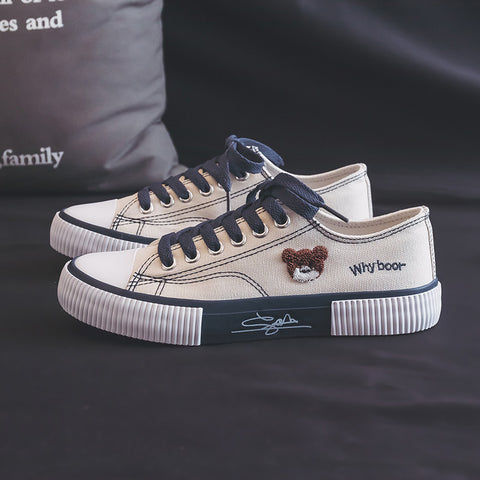 New Women's Bear Embroidery Low-top Korean Canvas Shoes