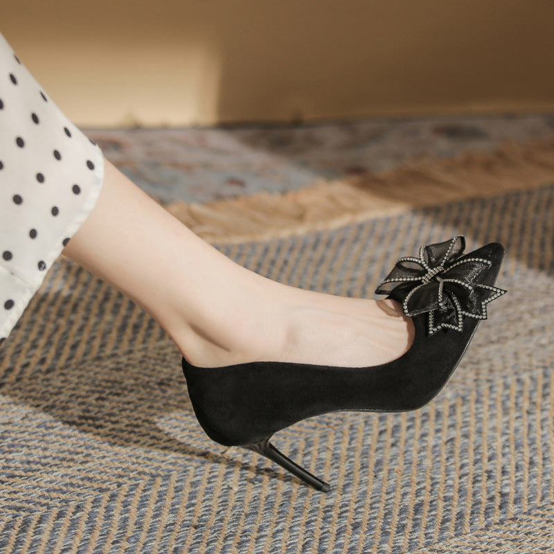 Women's Suede Black Sexy All-matching Bow Banquet Women's Shoes