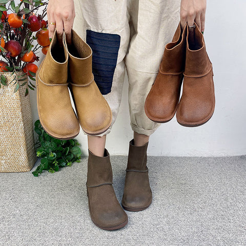Solid Color Round Toe Top Layer Cowhide Slip-on Boots